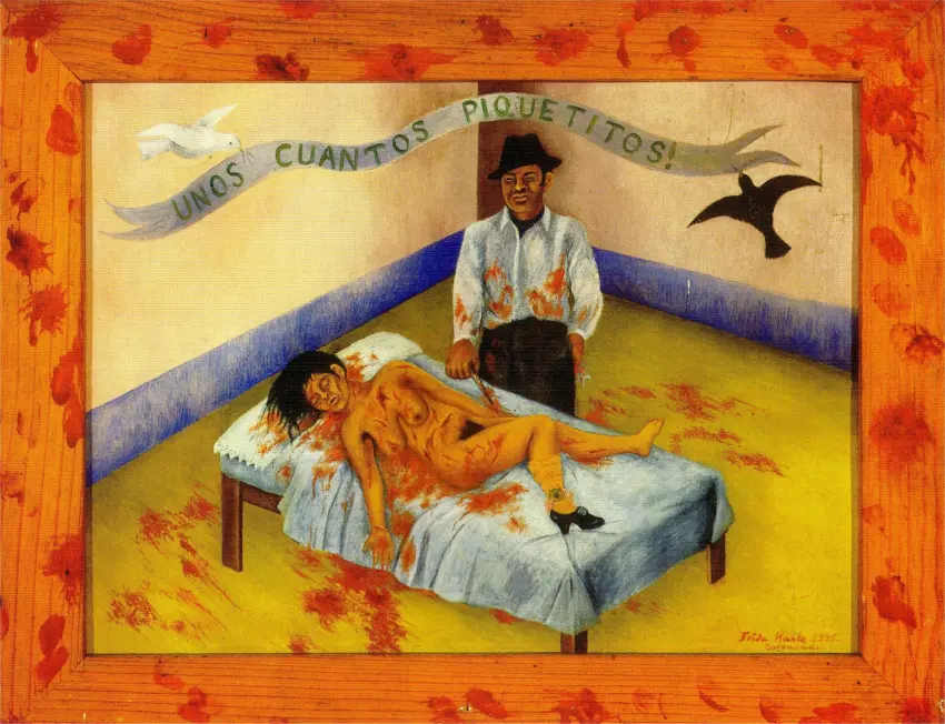 Cuadro de Frida Kahlo "Unos cuantos piquetitos" Imagen mujer desnuda y ensangrentada y al lado de la cama su asesino, que sostiene el puñal.